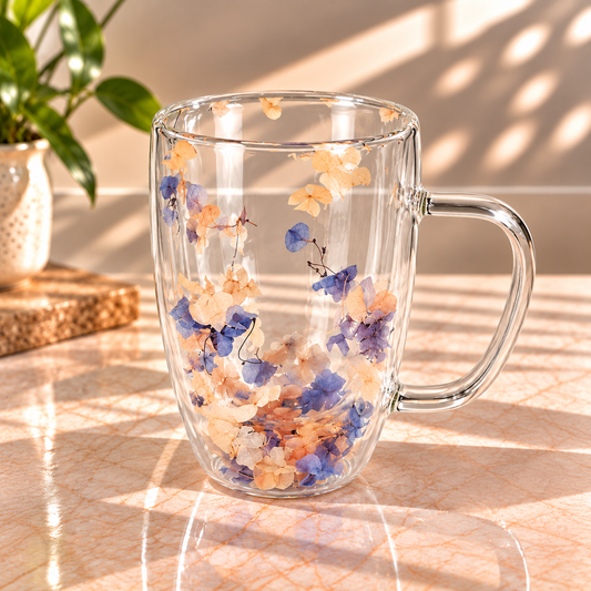 Lavender Floral Glass Mug 450ml | Elegant Transparent Coffee & Tea Cup