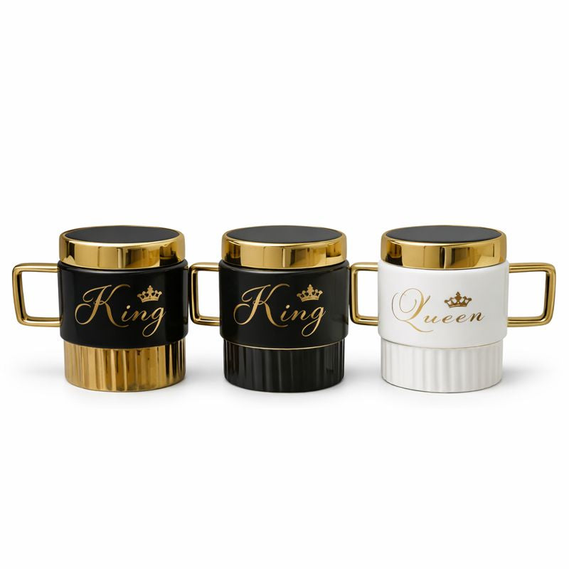 Ceramic King & Queen Style Mug C2237 – White, Black & Black-Golden Luxury Cup Set - Habitt