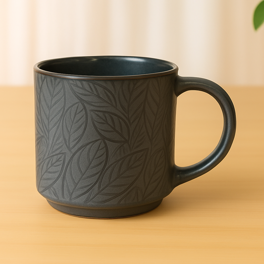 Embossed Leaf Grey Ceramic Mug – Elegant Textured Coffee & Tea Cup