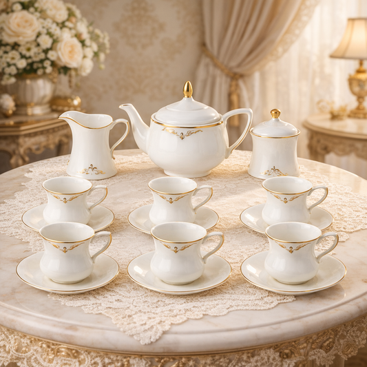 17-Piece Elegant White Porcelain Tea Set with Gold Trim – Luxury Tea Service for 6