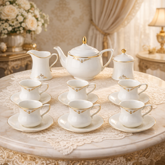 17-Piece Elegant White Porcelain Tea Set with Gold Trim – Luxury Tea Service for 6