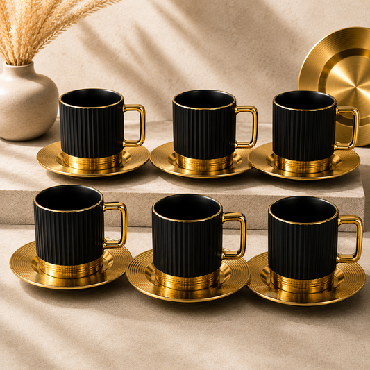 Luxury Metal Cup & Saucer Set – Black and Gold Tea Coffee Cups - Habitt