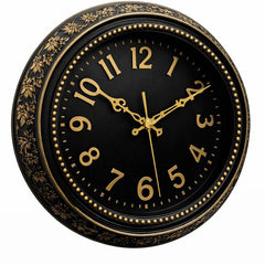 Heritage Hazel Wall Clock 14.5 Inch – Elegant Black & Gold Floral Design with Classic Numerals (Plastic) Description - Habitt
