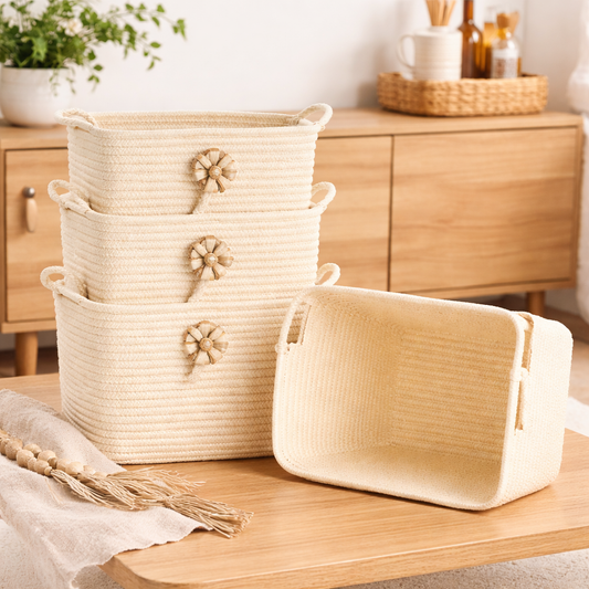 1 Pc Rectangular Cotton Rope Storage Basket with Flower Design – Decorative Organizer with Handles for Kitchen & Home - Habitt