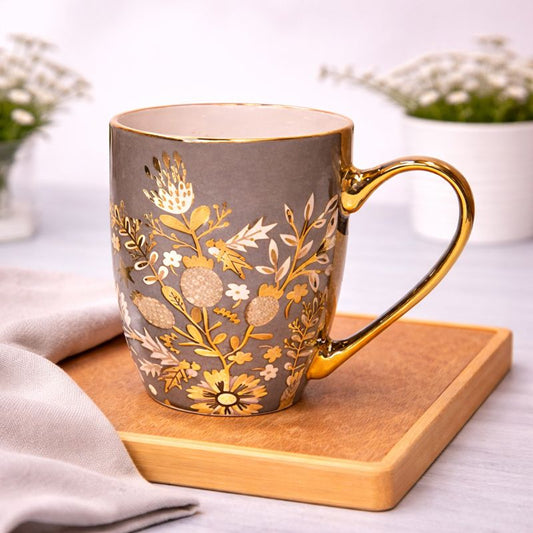 Ceramic Coffee Mug with Gold Handle – Floral Print Design (Blue, Pink, Grey)