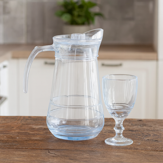Premium Clear Pitcher Water Set – 7-Piece Set (1.2 L Jug + 340 mL Stemmed Glasses)