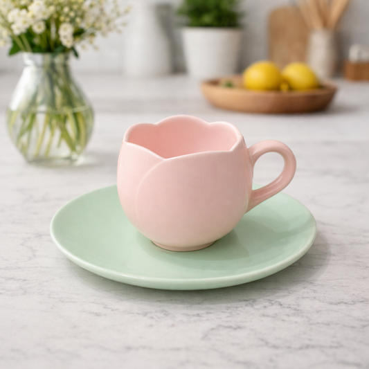 Ceramic Flower Shaped Cup Saucer Set – Elegant Tea & Coffee Set (Pink / White)