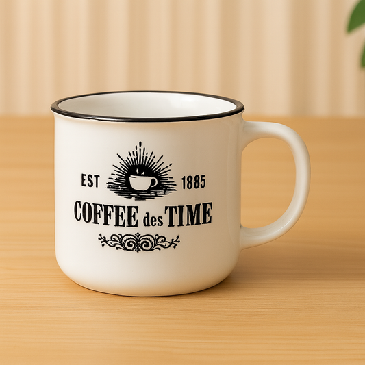 “Coffee des Time” White Ceramic Mug – Vintage Black & White Coffee Cup
