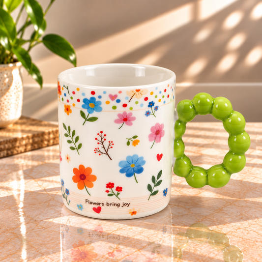 Colourful Floral Ceramic Coffee Mug with Beaded Handle – Cute Tea & Coffee Cup