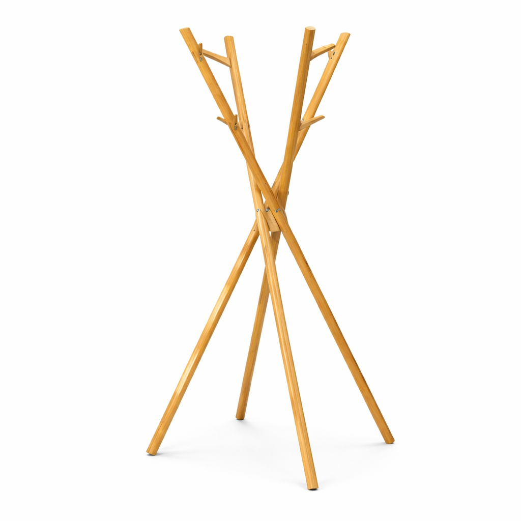 Bamboo Folding Coat Hanger Stand – Modern Freestanding Wooden Clothes Rack with Multi Hooks - Habitt
