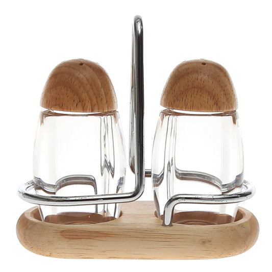 Glass Salt & Pepper Shaker Set – 2‑Piece with Wooden Lids & Stand