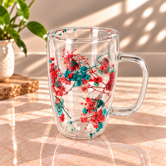 Red Blossom Glass Mug – 450ml Floral Transparent Coffee & Tea Mug