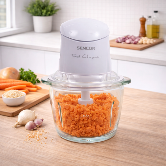 Sencor Food Chopper 500W with Glass Bowl & Stainless Steel Blade – Compact One-Touch Chopper (SCB5100WH) - Habitt