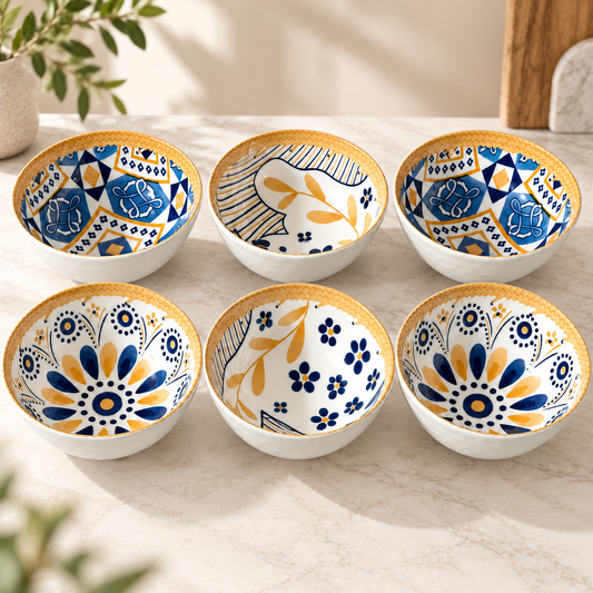 6 Pcs Blue & Mustard Patterned Ceramic Bowl Set