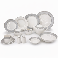Luxury White & Grey Border Dinner Set – 47-Piece Elegant Ceramic Tableware Collection