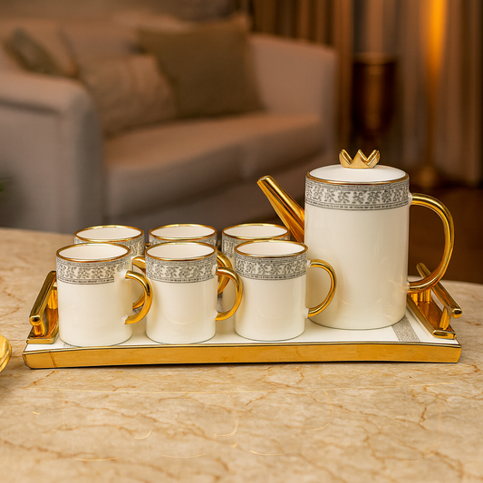 Luxury Tea Set with Tray – 9 Pieces | White, Black, Blue & Light Blue