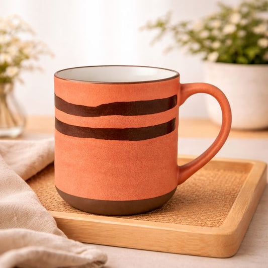 Handcrafted Terracotta Orange Ceramic Mug with Brown Stripes – Rustic Coffee Cup - Habitt