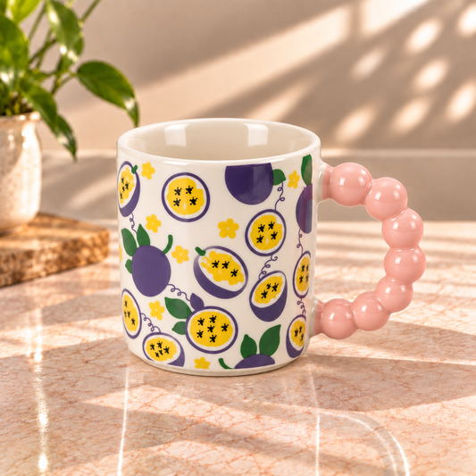 Cute Fruit Print Ceramic Coffee Mug with Beaded Handle – Colourful Tea & Coffee Cup