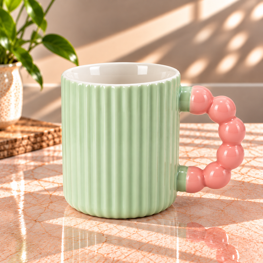 Ribbed Ceramic Coffee Mug with Beaded Handle – Colourful Tea & Coffee Cup