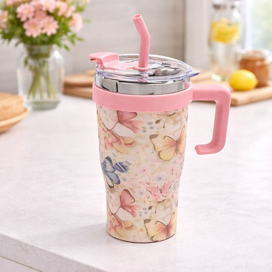 Floral Design Tumbler with Handle 1200ML – Insulated Travel Mug with Straw & Lid - Habitt