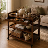Aurra Wooden Tea Trolley | Modern Serving Cart with 3-Tier Storage & Wheels - Habitt