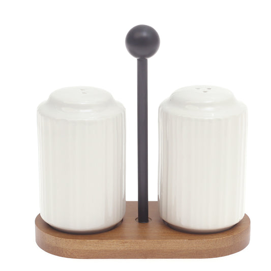 Ceramic Salt & Pepper Shaker Set with Wooden Stand