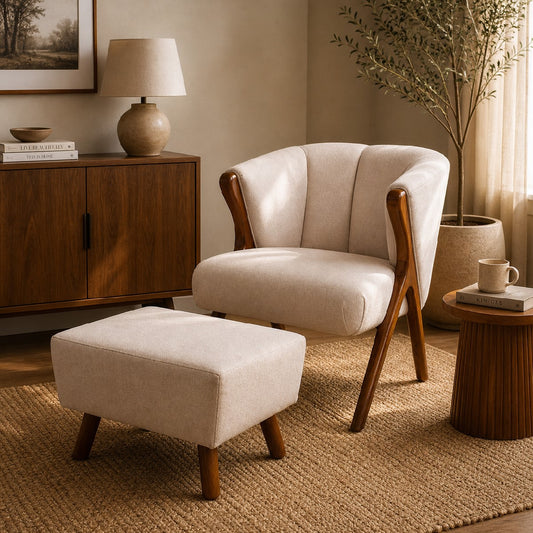 Clara Chair & Puff Set | Luxury Upholstered Accent Chair with Ottoman - Habitt