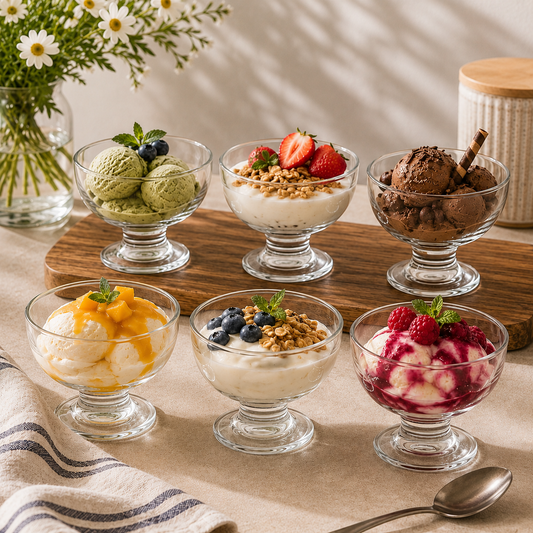 Clear Pressed-Glass Ice Cream Cups – 6-Piece Footed Dessert Set, 225 ml Capacity