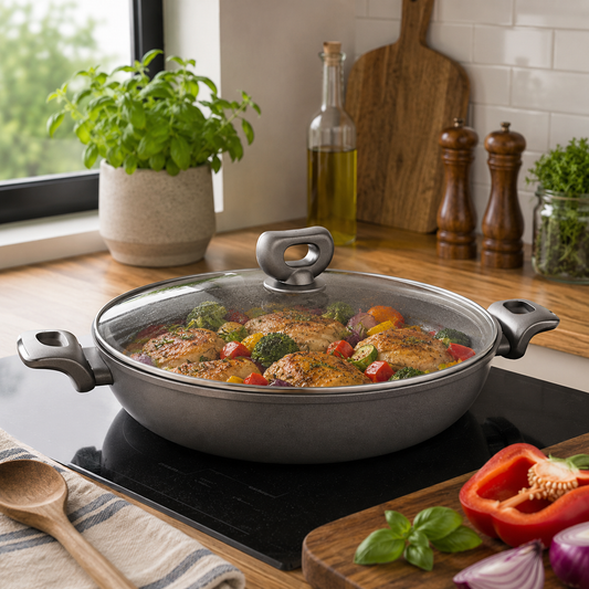 NORA Ceramic Low Casserole 26x6.3 cm – Nonstick Shallow Cooking Pot with Glass Lid