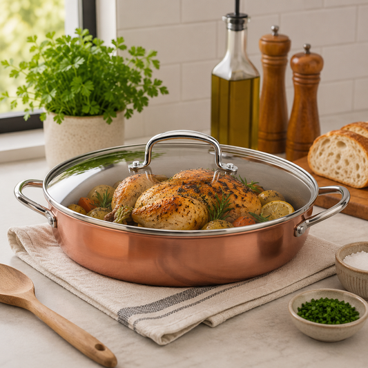 Divani Stainless Steel & Copper Low Casserole with Lid – 24x7 cm