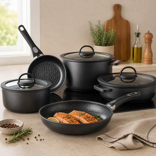 Neta 10-Piece Non-Stick Cookware Set – Premium Black Granite Coated Pots & Pans with Glass Lids, Induction Compatible
