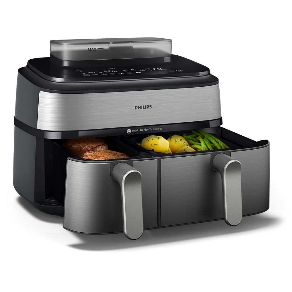 Philips 5000 Series Dual Basket Airfryer with RapidAir Plus Technology – Smart Dual-Zone Cooking (NA555/09) - Habitt