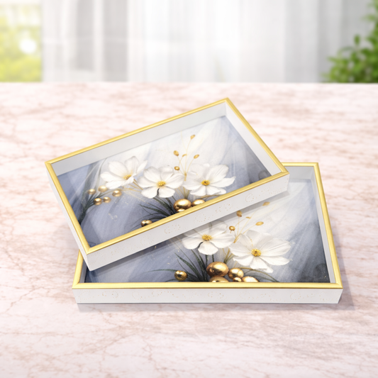 2Pcs Tray Set – Rectangular Serving Trays with Elegant White Blossom Design - Habitt