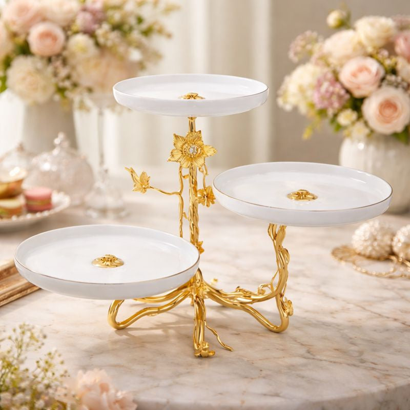 Luxury Decorative Platter Stand with Golden Floral Base