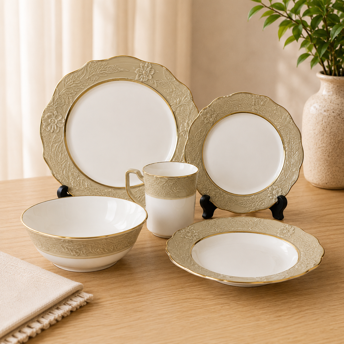 44-Piece Premium Porcelain Dinner Set with Dinner Plates,  Elegant Ivory Floral Design | 6 Person Serving