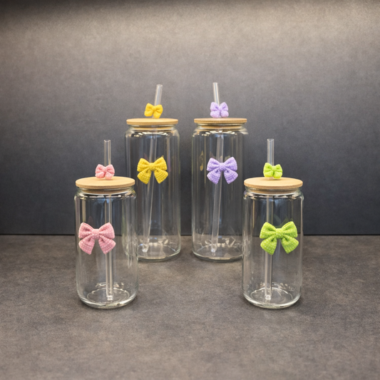 Assorted Straw Glass Bow – Cute Bow Design Tumbler with Lid & Reusable Straw - Habitt