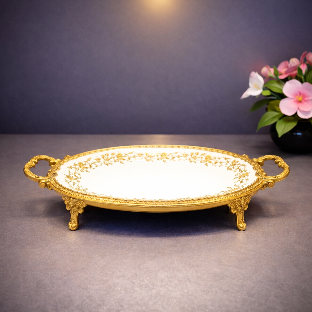 Oblong Deep Tray – Elegant Gold Ornate Serving Tray with Handles - Habitt