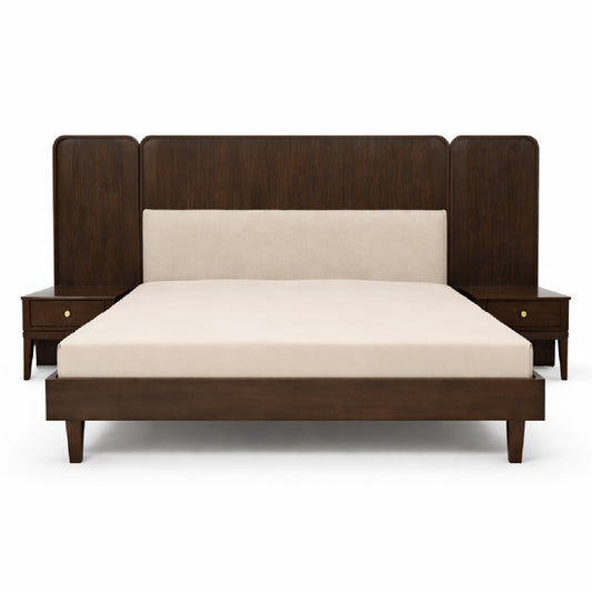 Oaklin King Size Solid Wood Bed Frame – Mid-Century Modern Upholstered Headboard Platform Bed - Habitt