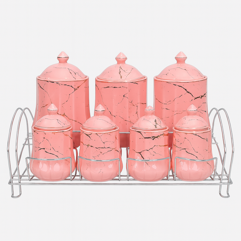 7 Pcs Canister Set with Ceramic Lid 2746 Pink Marble Kitchen Storage Jars - Habitt
