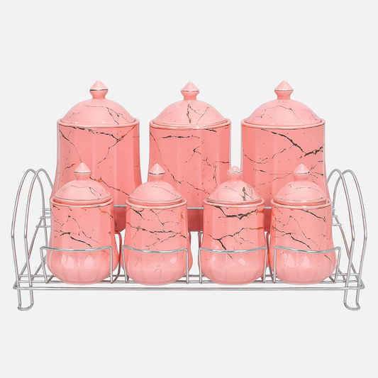 7 Pcs Canister Set with Ceramic Lid 2746 Pink Marble Kitchen Storage Jars