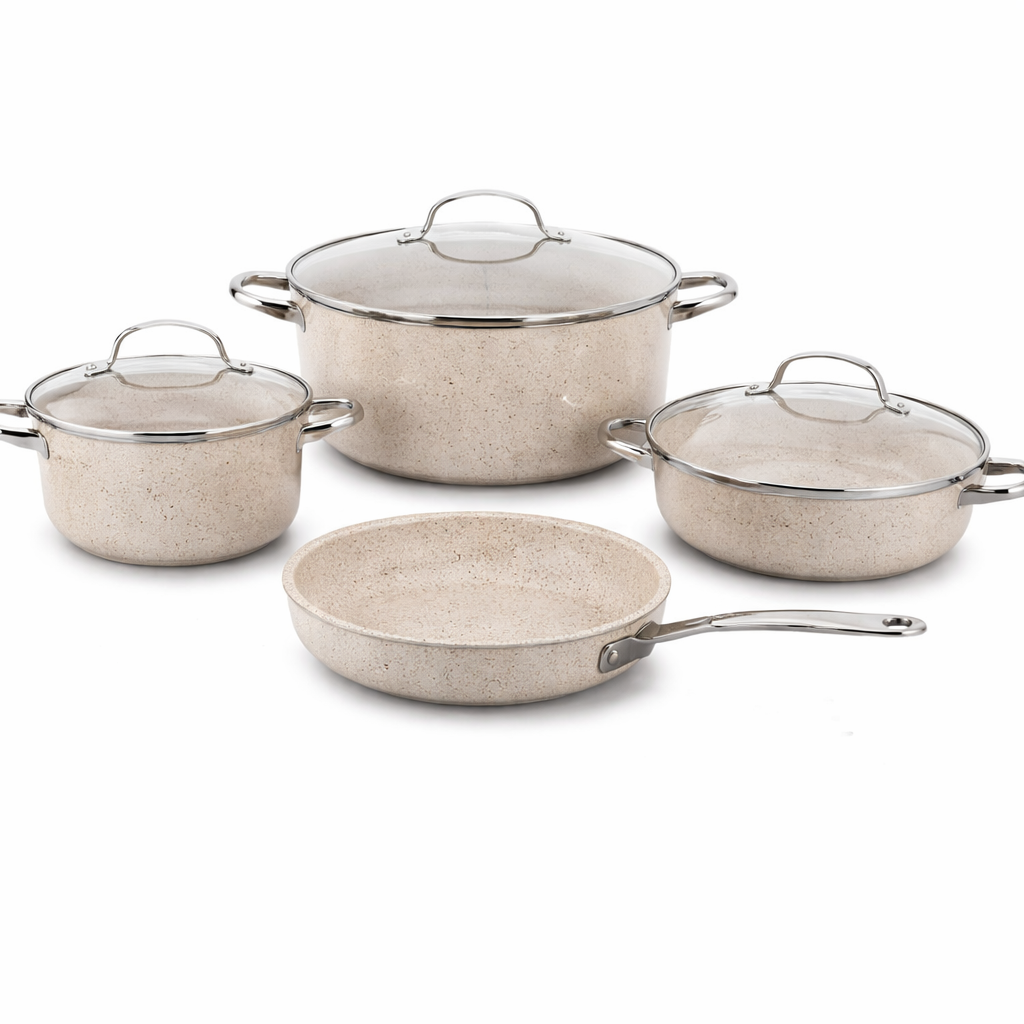 Granita Aluminium 7 Pcs Cookware Set – Nonstick Marble Coated Pots & Fry Pan with Glass Lids - Habitt