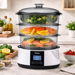 Amica Lunaris Food Steamer 900W with 3 Baskets, Aromatiser & Auto Programs – Healthy Steam Cooker (PT3011) - Habitt