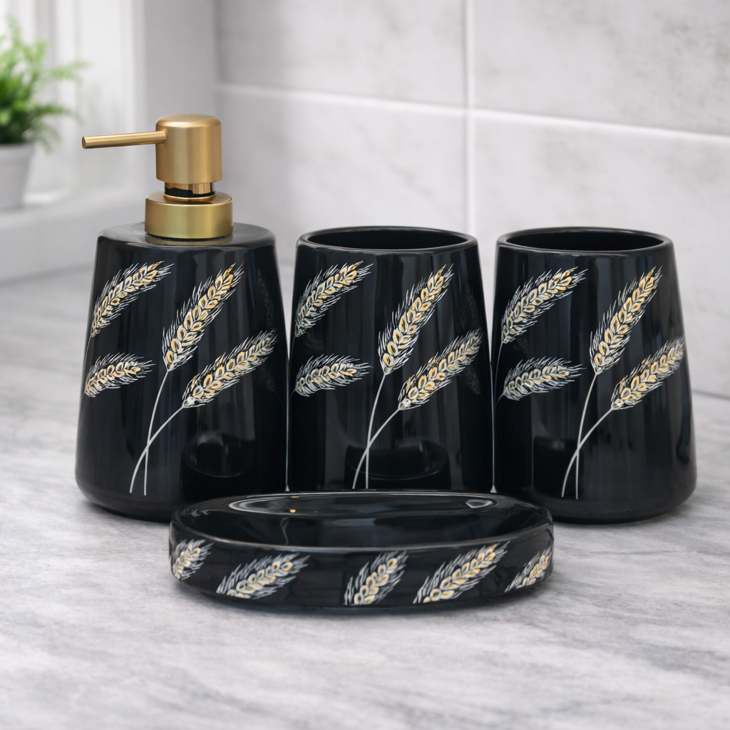 4-Piece Bathroom Accessories Set – Black with Wheat Pattern Soap Dispenser, Toothbrush Holder & Soap Dish - Habitt