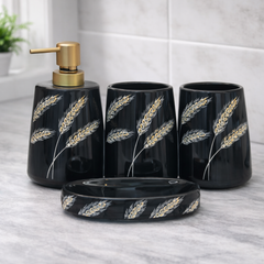 4-Piece Bathroom Accessories Set – Black with Wheat Pattern Soap Dispenser, Toothbrush Holder & Soap Dish - Habitt