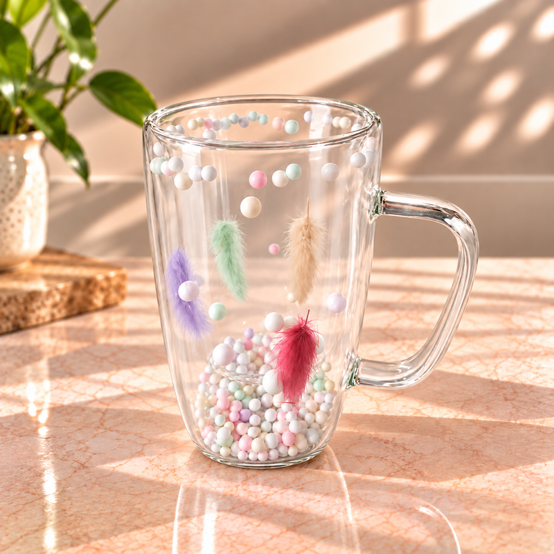 Pastel Feather Glass Mug – 450ml Transparent Decorative Coffee & Tea Mug