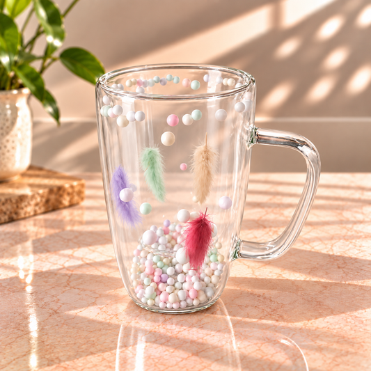 Pastel Feather Glass Mug – 450ml Transparent Decorative Coffee & Tea Mug