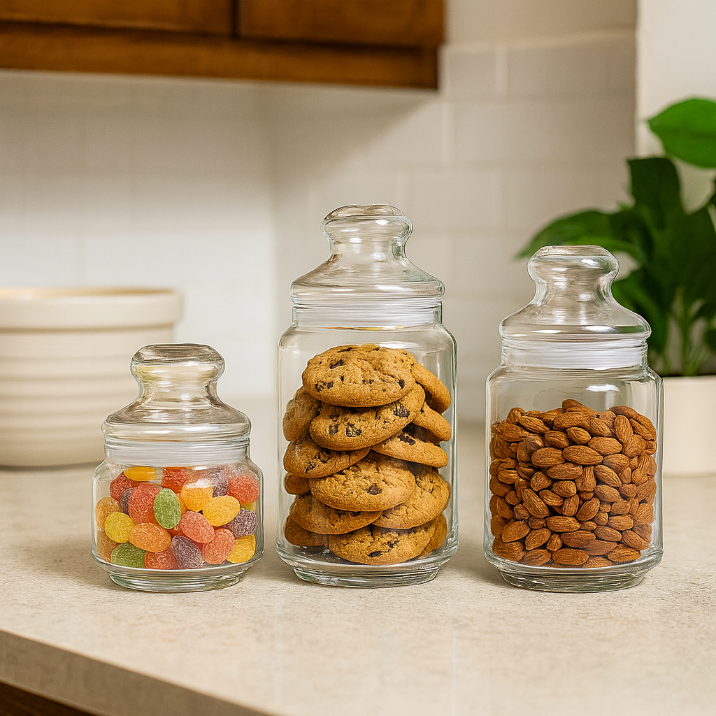 Clear Pressed-Glass 3-Piece Storage Jar Set with Lids – 400 ml, 430 ml & 725 ml Airtight Containers