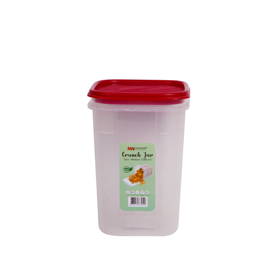 1pc Crunch Jar Medium – 1300 ml Plastic Airtight Food Storage Container (White, Red, Grey, Brown Lid Options)
