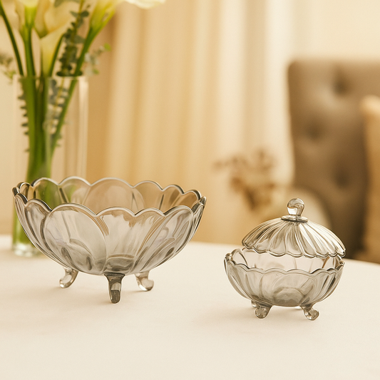 Smoky-Tinted Footed 7-Piece Fruit Bowl & Serving Set – Premium Coloured Pressed Glass