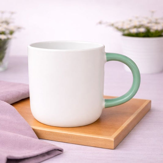 White Ceramic Mug with Green Gradient Handle – Minimalist Coffee & Tea Cup